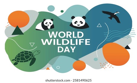 A colorful design celebrating World Wildlife Day, featuring animals like pandas, turtles, and birds, alongside vibrant geometric shapes. A tribute to wildlife and conservation efforts.