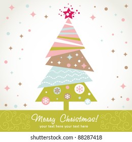 Colorful design Christmas tree with xmas toys, balls, stars and snowflakes