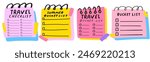 Colorful design. Collection of summer travel bucket lists, checklists. Vector flat illustrations on white background.