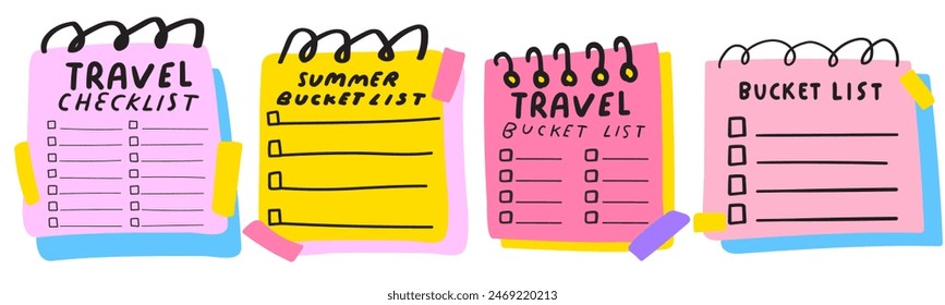 Colorful design. Collection of summer travel bucket lists, checklists. Vector flat illustrations on white background.