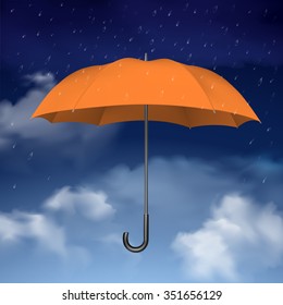 Colorful design concept of orange umbrella at blue sky background with clouds and raindrops vector illustration
