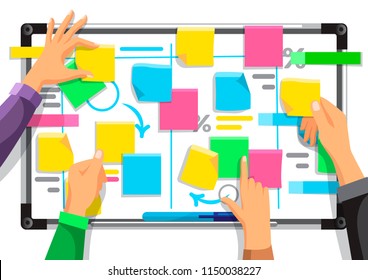 Colorful design of crop hand composing stickers on board creating new strategy and plan on white background