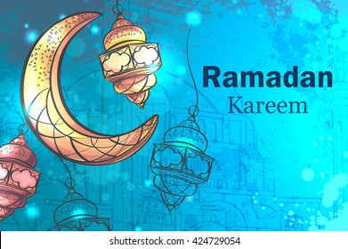 Colorful design is decorated with a crescent moon hanging lamps on the creative background to celebrate the Islamic holiday of Ramadan Kareem