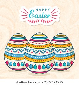 Colorful Design of Easter Day With Colorful Three Eggs With Detailed Pattern,Vector Design of Easter day