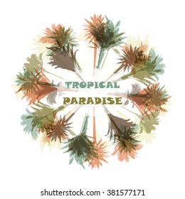 Colorful design element with circle of silhouettes of palm trees on white background with place for title or caption. Tropical seasonal background for topics of travel, vacation and summer.