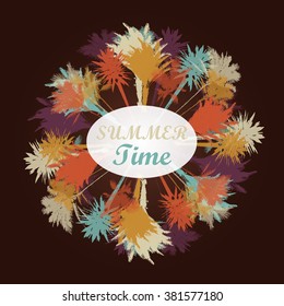 Colorful design element with circle of silhouettes of palm trees on dark background with place for title or caption. Tropical seasonal background for topics of travel, vacation and summer.