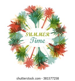 Colorful design element with circle of silhouettes of palm trees on white background with place for title or caption. Tropical seasonal background for topics of travel, vacation and summer.