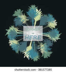 Colorful design element with circle of silhouettes of palm trees on dark background with place for title or caption. Tropical seasonal background for topics of travel, vacation and summer.