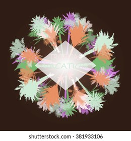 Colorful design element with circle of silhouettes of palm trees on dark background with place for title or caption. Tropical seasonal background for topics of travel, vacation and summer.