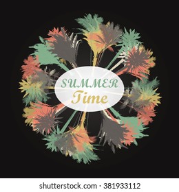 Colorful design element with circle of silhouettes of palm trees on dark background with place for title or caption. Tropical seasonal background for topics of travel, vacation and summer.