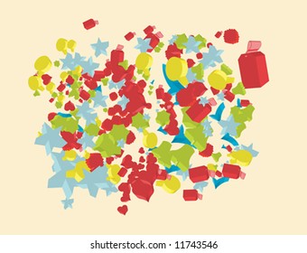 Colorful design element made out of 3D basic design elements as stars, hearts, tags and ticks