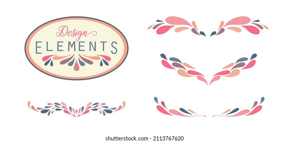 Colorful design elements, fancy border decoration, symmetrical pattern vector in blue pink purple and orange, circle label