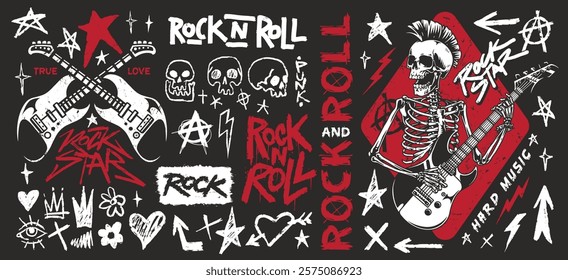 Colorful design with elements of rock and roll culture including guitars skulls stars and skeletons. This artwork represents the energy and vibrancy of the music genre.