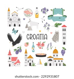 Colorful design with famous landmarks, symbols of Croatia - Dubrovnik, Zadar, Hvar, animals, food, flowers. Cartoon design for travel posters, magazines, prints.