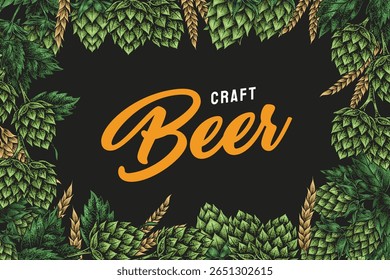 O design colorido apresenta lúpulo vibrante e cevada em torno do termo cerveja artesanal. Esta obra de arte captura o espírito e a arte de cervejas artesanais em uma maneira viva.