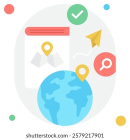 A colorful design featuring a globe, map markers, and navigation tools illustrating geolocation and mapping concepts.