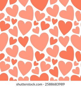 A colorful design featuring various sizes of red hearts on the white background