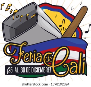 Colorful design for Feria de Cali event (written in Spanish): Colombian flag in round label, Cali city flag, cowbell and beater with musical notes to play while salsa music is sounding.