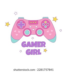 Colorful design for gamer girl with pink gamepad, stars and an inscription. Cute vector illustration in kawaii style