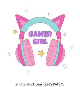 Colorful design for gamer girl, pink headphones with cat ears, stars and lettering. Cute vector illustration in kawaii style