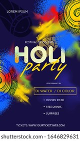 Colorful design for a Holi Festival Party poster or invitation with clouds of bright vivid powder and text on a textured blue background, vector illustration