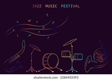 diseño colorido para el afiche del festival de jazz con instrumentos musicales contorno vívido y espacio de copia