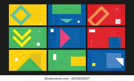 Colorful design with layered triangles, arrows, and minimalistic geometric lines. A modern, bold layout great for presentations or branding.