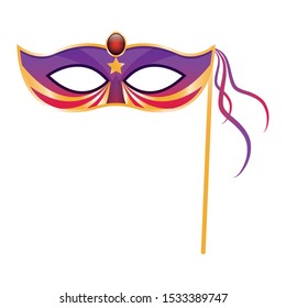 colorful Design of mardi grass mask on stick icon over white background, vector illustration