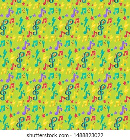 Colorful Design Musical Note Flat Seamless Pattern. Abstract Music Wallpaper on Green Background. Creative Sketch Flyer and Poster for Event for Print. Music Cartoon Texture Vector Illustration