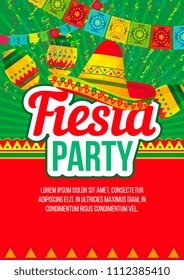 Colorful design of party advertising poster about bright Mexican fiesta with sombrero hats and flags in layout