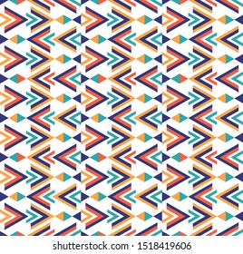 Colorful design print for fabric, textile, wrapping paper, carpet, rug, cover, scrapbook. Diamond, triangle ornaments wallpaper. Seamless modern pattern. Repetition of simple geometric shapes. 