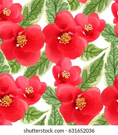 Colorful design with red flowers and leaves. Juicy illustration. Floral seamless pattern on a background. Blooming elements. Botanical composition.