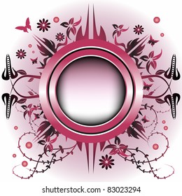 Colorful design with rounded frame, flowers, butterflies and beautiful plants