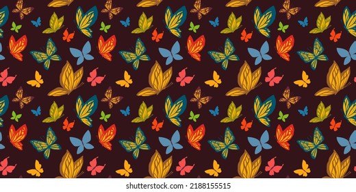 Colorful design of seamless pattern with line art butterfly for web, banner, print, textile, greeting card. Vector seamless pattern with beautiful butterfly on dark color background