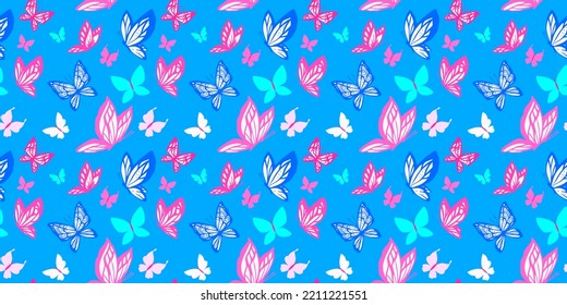 Diseño colorido de patrón sin fisuras con mariposa de línea para web, banner, impresión, textil, tarjeta de saludo. Patrón vectorial sin fisuras con hermosa mariposa sobre fondo de color azul