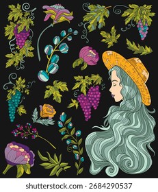 Conjunto de design colorido com elementos de desenho animado de bagas de uva, folhas, flores e linda menina usando chapéu de palha. Ilustrações de doodle de arte vetorial para clipart, adesivos. 