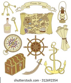 Colorful design set with map, compass, lamp, anchor, wheel, trunk and other pirate theme objects, with hand drawn elements