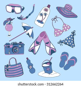 Colorful design set with swimming suite, hat, camera, sandals and other objects for beach holidays