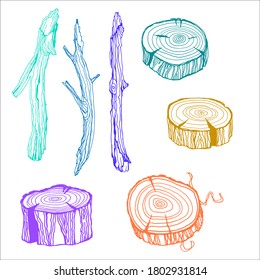 Colorful Design set with wood twigs and logs. Tree branches and stumps in hand drawn style. Ink line sketch on white  background