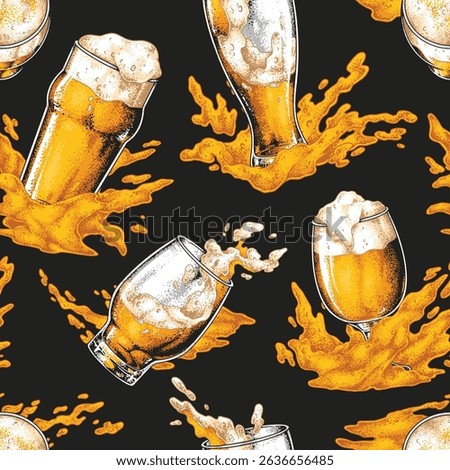 A colorful design showcases different styles of beer filled glasses with some splashing and spilling. The vibrant colors emphasize a fun atmosphere suitable for gatherings.
