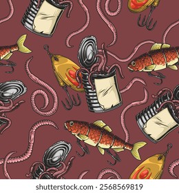 Colorful design showcases various fishing elements including fish bait and cans on a rich maroon backdrop. The vibrant illustrations add a playful touch to fishing-related themes.