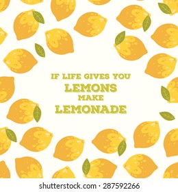 Colorful design style vector illustration poster with summer lemons and leaves in bright colors on white background. Cartoon collection. 