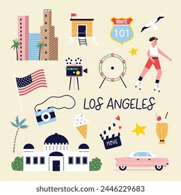 Colorful design with symbols, animals landmarks of Los Angeles, USA. Can be used for posters, travel guides, wall arts