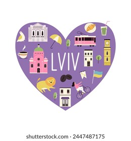 Colorful design with symbols, landmarks, famous places of Lviv, Ukraine. Can be used for posters, travel guides, wall arts