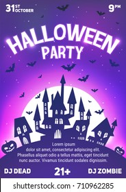 Colorful design template for Halloween Party. Creative banner, flyer for a night party. Castle, pumpkins, bats silhouettes on a starry background with moon. Neon lights, glowing. Vector.