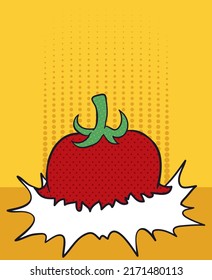 Colorful Design Of Tomato Falling On The Floor In Pop Art Style And Semitone Dots.