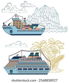 Colorful design vector set of icebreaker ship and cruise ship or passenger liner isolated on white. Travel, transportation and discovery concept. Line art cartoon illustrations