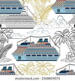 Colorful design vector set of icebreaker ship and cruise ship or passenger liner isolated on white. Travel, transportation and discovery concept. Line art cartoon illustrations