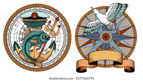 Colorful design vector set with marine emblems of anchor with fish and compass with sea gull and vignette banner. Vintage transportation and old adventures concept isolated on white.