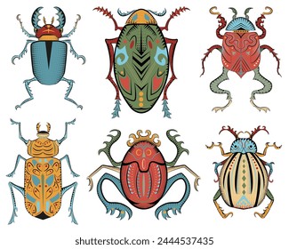 Colorful design vector set with mystic decorated bugs isolated on white, hand drawn line art 